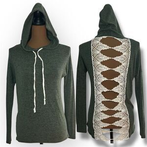 Windsor Heathered Forest Green Crochet Open Back Sweater Hoodie, Women’s Small